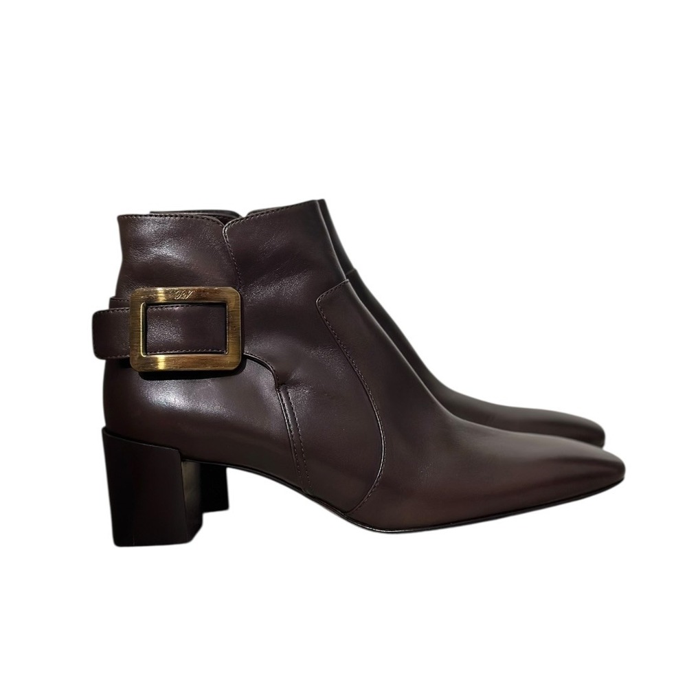 Roger Vivier Brown Leather Buckle Ankle Boots Block Heel Made in Italy Size 39.5